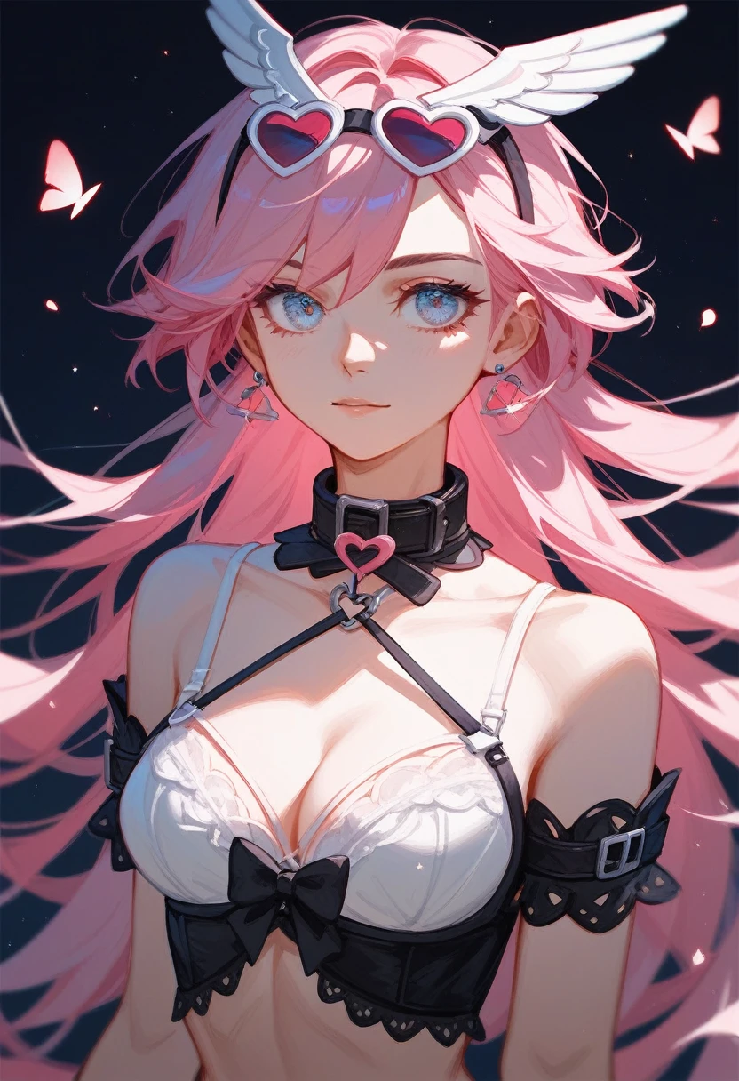 (Fraction_9,Fraction_8_Direction_7_up),1 Woman,Pink Hair、Black clothes、Large bow on the head，官方Role艺术,  Role,  mechanized valkyrie girl，White lingerie，Neck collar，