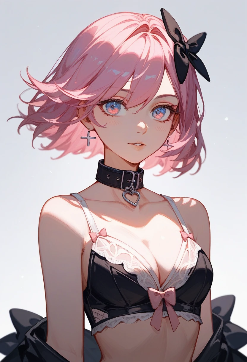 (Fraction_9,Fraction_8_Direction_7_up),1 Woman,Pink Hair、Black clothes、Large bow on the head，官方Role艺术,  Role,  mechanized valkyrie girl，White lingerie，Neck collar，