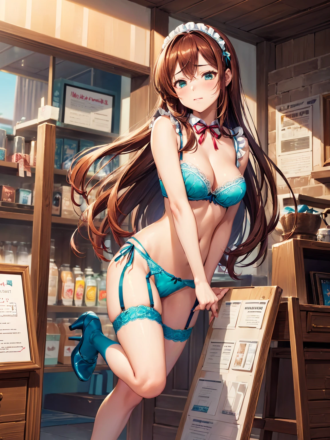 (((masterpiece, Highest quality, High resolution, 超High resolution, Perfect Pixel, Depth of written boundary, 4K, RTTX 10.0))), Beautiful Anime Women, Beautiful art style, Anime characters, ((Smooth texture, Realistic texture, Anime CG Style)), Exact finger count、Exact number of legs、(Exact number of arms:1.0, Exact number of hands:1.0), (Perfect hands, Perfect Anatomy), Cinematic, Realistic, Extremely detailed CG, Daytime lighting, Perfect lighting, Best Shadow, The best natural light, whole body, Perfect body, バランのとれたPerfect body, Perfectly balanced style, (Slender body:1.2), ((Long Hair, bangs, Reddish brown hair, Stylish hairstyle)), ((A cute woman stands with her hands in her panties:1.8)), (Put one hand in your panties:1.8), (fingering:1.8), (pussy juice:1.5), ((Bow tie around neck, High heels:1.3), (Sexy and cute turquoise underwear:1.3), (Stylish shiny turquoise blue satin panties, Side-tie panties, Panties with a plain turquoise blue center and lace decoration on the sides:1.3), (Thin panties with ribbon:1.3), (Turquoise micro lace satin bra, Turquoise blue bra with lace trim, Thin bra with ribbon:1.3), (lace garter belt, Garter Strings, Knee socks:1.3):1.3), (Beautiful big , Cleavage:1.1), (Embarrassed expression:1.4), blush, (sexual pleasure expression:1.5), (The expression of someone who is holding in the toilet:1.4), (Look up, Mouth half open:1.4), (Half-close your eyes:1.3), (Amusement park outdoor restaurant, Receiving guests, Many customers in the background, A busy store, Chair, table:1.3), naked, In underwear, Waitress in underwear, (Frilly maid-like headband:1.2), whole body, Angle from the front, chizuru
