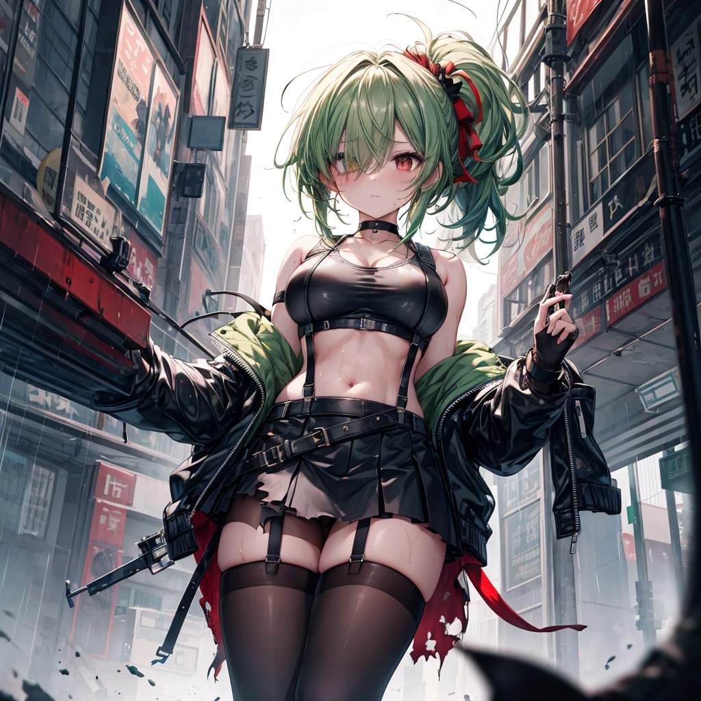 ((Highest quality)), ((masterpiece)), ((detailed)), (4K), 1girl, 独奏, red eye, middle hair, messy hair, green hair, side ponytail, (hair over one eye), crop top, leather jacket, large breasts, Torn miniskirt, suspender skirt, torn pantyhose, choker, bracelet, (rain), (wet), gloves, see through, (expressionless), scowl, (from below), (looking down), looking at viewer, (open legs), wasteland, town, blurry background