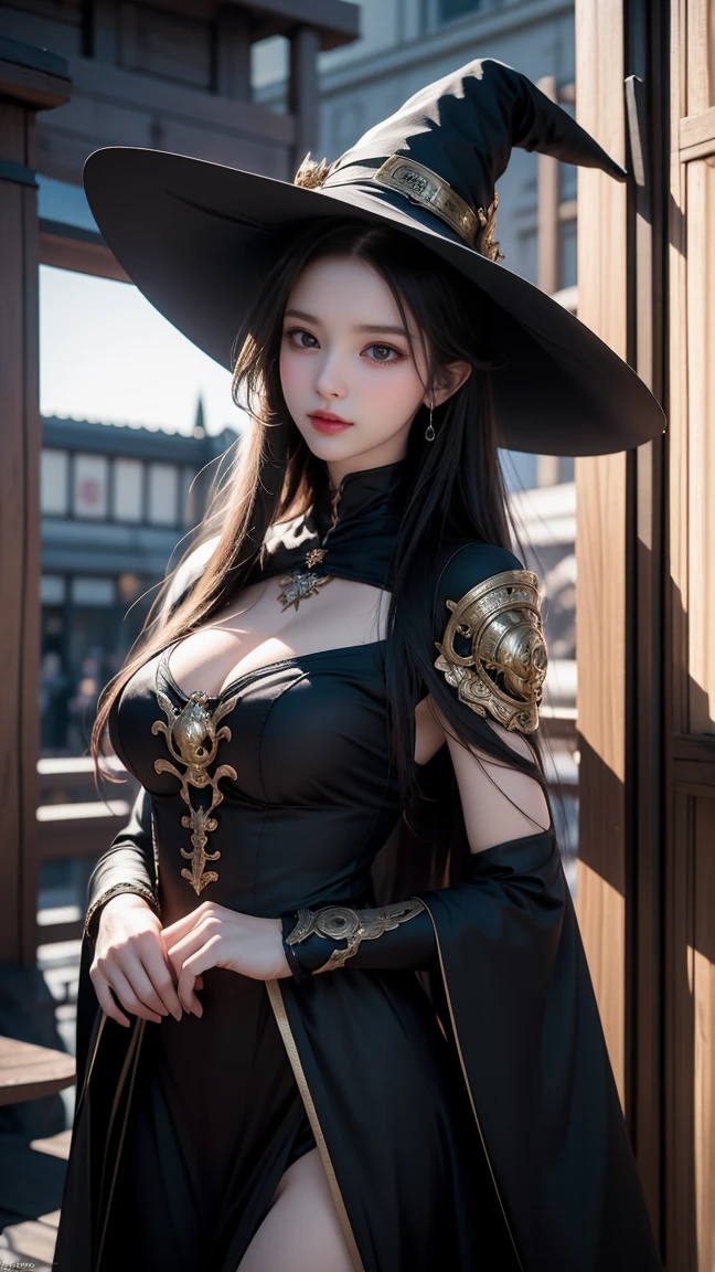 Beautiful woman in complex romantic witchcraft costume