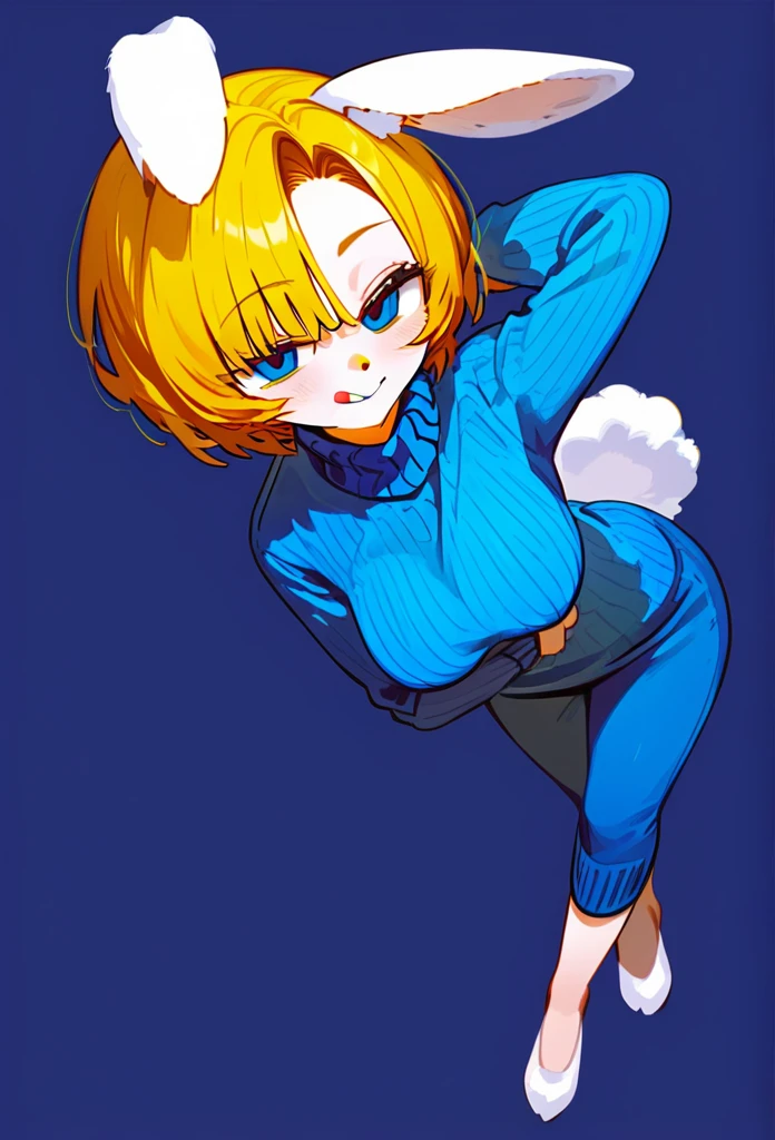 masterpiece, best quality,licking lips body, score_9, short hair,yellow hair,smiling,older woman,blue sweater,white fluffy bunny ear,lipstick,blue background,full body,blue eyes,half lidded eyes,arm crossed,