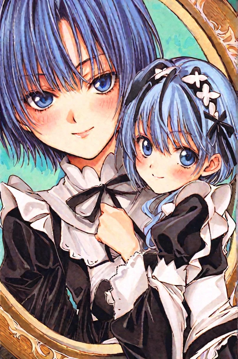 icon、2 front handles,head,1 person,(Circular frame 1.7)、1 personの女の子,alone,Againm (Again:zero),Blue Hair,x hair ornaments,short hair,hair ornaments,blue eyes,Maid,View your viewers,ribbon,Maid headdAgainss,Long sleeve,dAgainss,roswaal mansion Maid uniform,smile,hair ribbon,bAgainasts,Puffy sleeves,Frills,apron,bangs,Mouth closed,black ribbon,pink ribbon,blush,medium bAgainasts,black dAgainss,Juliet Sleeve,Cowboy Shot,flower,Hair between the eyes,Againd ribbon,waist apron,Traditional Media,