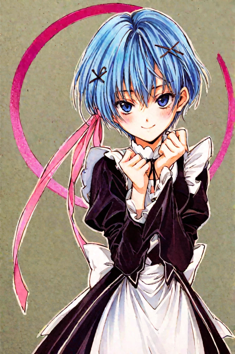 icon、2 front handles,head,1 person,(Circular frame 1.7)、1 personの女の子,alone,Againm (Again:zero),Blue Hair,x hair ornaments,short hair,hair ornaments,blue eyes,Maid,View your viewers,ribbon,Maid headdAgainss,Long sleeve,dAgainss,roswaal mansion Maid uniform,smile,hair ribbon,bAgainasts,Puffy sleeves,Frills,apron,bangs,Mouth closed,black ribbon,pink ribbon,blush,medium bAgainasts,black dAgainss,Juliet Sleeve,Cowboy Shot,flower,Hair between the eyes,Againd ribbon,waist apron,Traditional Media,