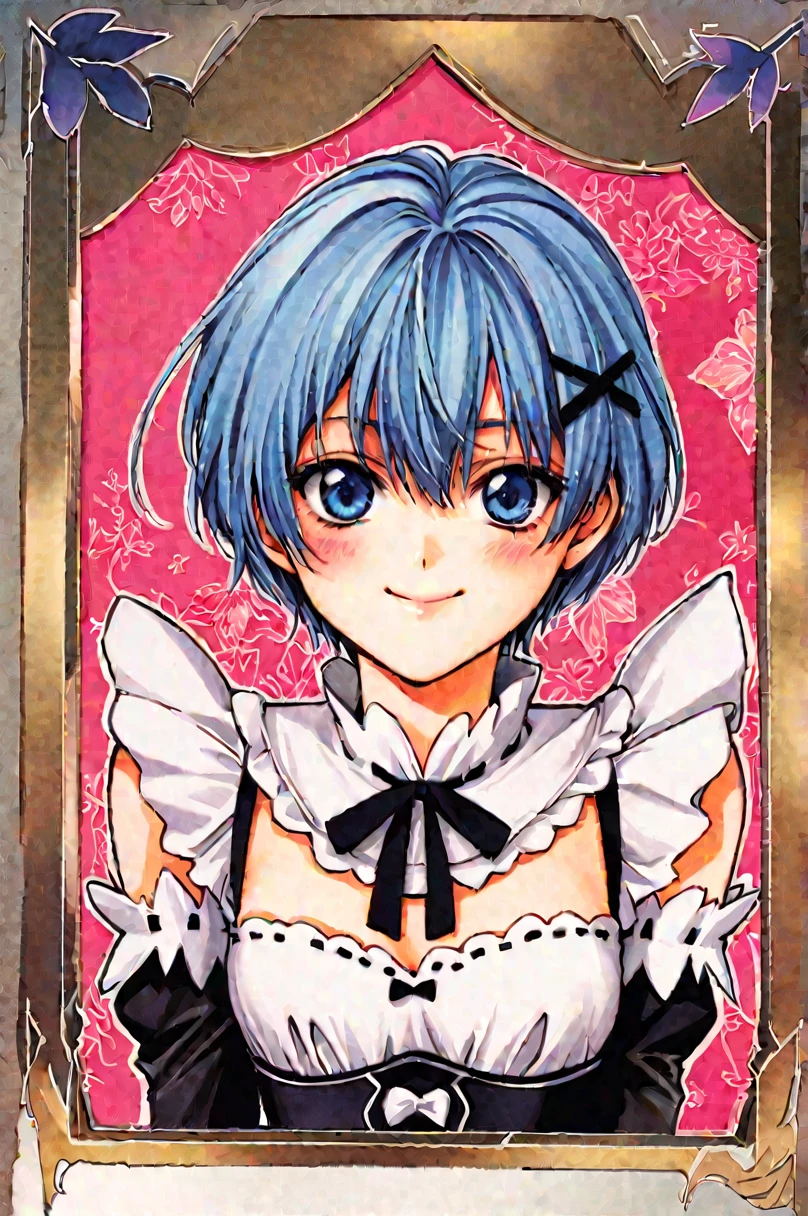 icon、2 front handles,head,1 person,(Circular frame 1.7)、1 personの女の子,alone,Againm (Again:zero),Blue Hair,x hair ornaments,short hair,hair ornaments,blue eyes,Maid,View your viewers,ribbon,Maid headdAgainss,Long sleeve,dAgainss,roswaal mansion Maid uniform,smile,hair ribbon,bAgainasts,Puffy sleeves,Frills,apron,bangs,Mouth closed,black ribbon,pink ribbon,blush,medium bAgainasts,black dAgainss,Juliet Sleeve,Cowboy Shot,flower,Hair between the eyes,Againd ribbon,waist apron,Traditional Media,