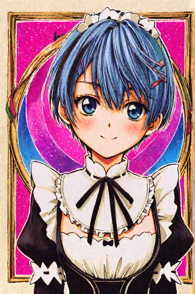 icon、2 front handles,head,1 person,(Circular frame 1.7)、1 personの女の子,alone,Againm (Again:zero),Blue Hair,x hair ornaments,short hair,hair ornaments,blue eyes,Maid,View your viewers,ribbon,Maid headdAgainss,Long sleeve,dAgainss,roswaal mansion Maid uniform,smile,hair ribbon,bAgainasts,Puffy sleeves,Frills,apron,bangs,Mouth closed,black ribbon,pink ribbon,blush,medium bAgainasts,black dAgainss,Juliet Sleeve,Cowboy Shot,flower,Hair between the eyes,Againd ribbon,waist apron,Traditional Media,