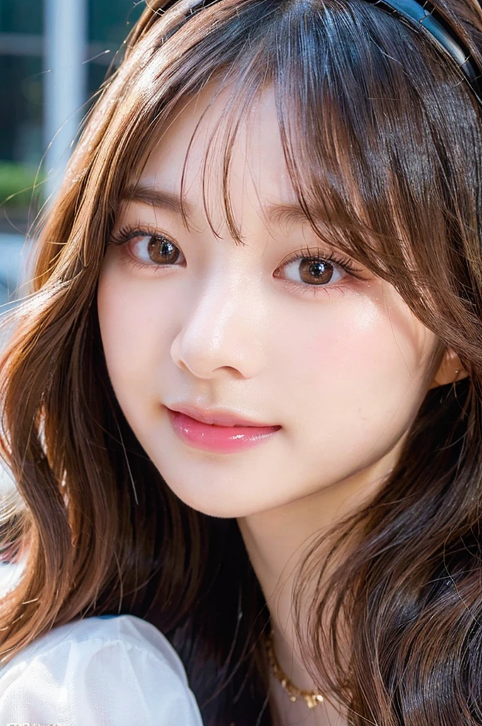 smiling, high-level image quality、20 year old Korean girl photo, raw, Beautiful woman, (Extra-long wavy blonde hair), ((Portrait)), ((Detailed face:1.2)), ((A detailed face Characterized by fine skin), pale skin, , (cold color), moist, moist, reflector stay piece) (perfectly proportions)(photos realistic)(Best Quality) photographed in a Canon EOS R5, 50mm Lens,(8K), Focus on the face、facial close-up、only face、The upper part of the body、very long upper eyelashes、Very long lower eyelashes、Detailed lashes、Curled eyelashes、eyelash perm、Beautiful lashes, Glamorous makeup、Natural eyes、Oku Duplex、very beautiful eyelashes