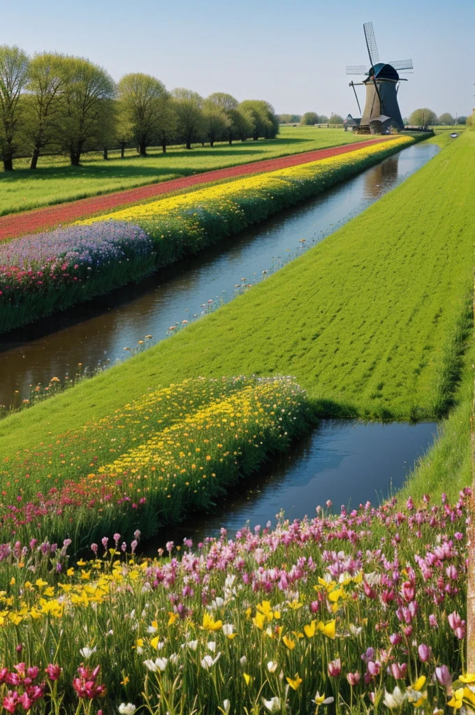 Flowered field in spring, In the center there is a meadow with many flowers and trees, and on the right side there is a canal with a windmill