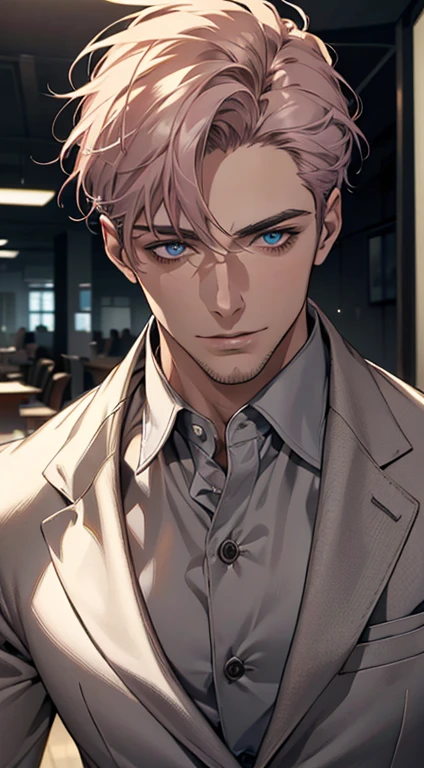 (best quality,4k,8k,highres,masterpiece:1.2),ultra-detailed,(realistic,photorealistic,photo-realistic:1.37),1 man,31 years old,mature man,very handsome,without expression,smile,short grey pink hair,blue eyes,penetrating gaze,perfect face without errors,imposing posture,businessman,office background,cinematic lighting,hdr image
