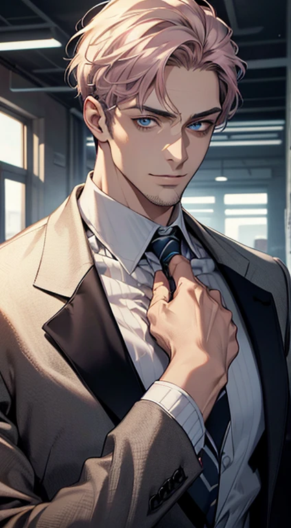 (best quality,4k,8k,highres,masterpiece:1.2),ultra-detailed,(realistic,photorealistic,photo-realistic:1.37),1 man,31 years old,mature man,very handsome,without expression,smile,short grey pink hair,blue eyes,penetrating gaze,perfect face without errors,imposing posture,businessman,office background,cinematic lighting,hdr image