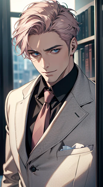 (best quality,4k,8k,highres,masterpiece:1.2),ultra-detailed,(realistic,photorealistic,photo-realistic:1.37),1 man,31 years old,mature man,very handsome,without expression,smile,short grey pink hair,blue eyes,penetrating gaze,perfect face without errors,imposing posture,businessman,office background,cinematic lighting,hdr image