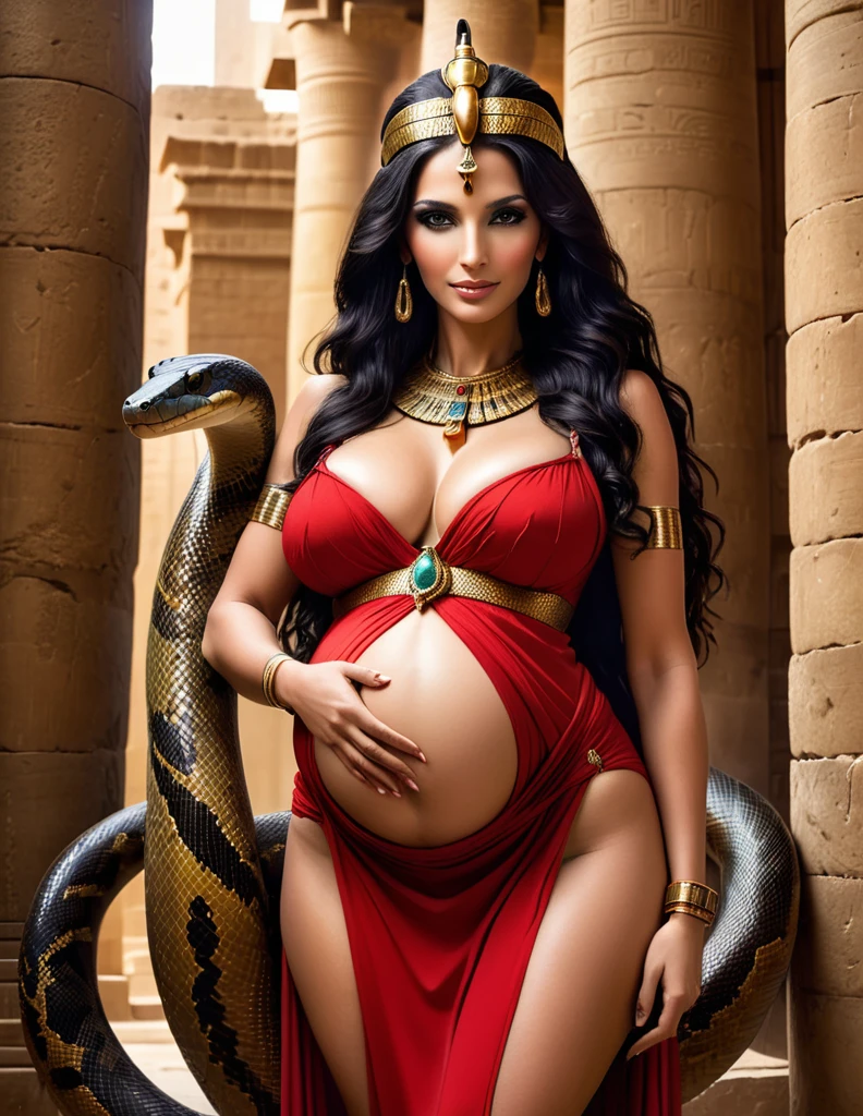 elegant fertility goddess,queen of egypt,mature woman,pregnant with octuplet snakes,egyptian fertility goddess with snake skin,sexy,maternal figure,ancient egypt,laiteux breasts,egyptian temple,red and sand colored dress,form-fitting,translucent clothing,long straight black hair,adorned with jewelry,pregnant with quintuplets,swollen breasts lactating,visible snake teeth,smiling,golden eyes,reptilian pupils,snake woman,gorgon,dramatic gothic dominatrix,snake scale skin on legs arms torso face,mysterious ancient egyptian temple,intense gaze,cinematic dramatic lighting,supernatural 8k scene,breathtaking beauty and depth