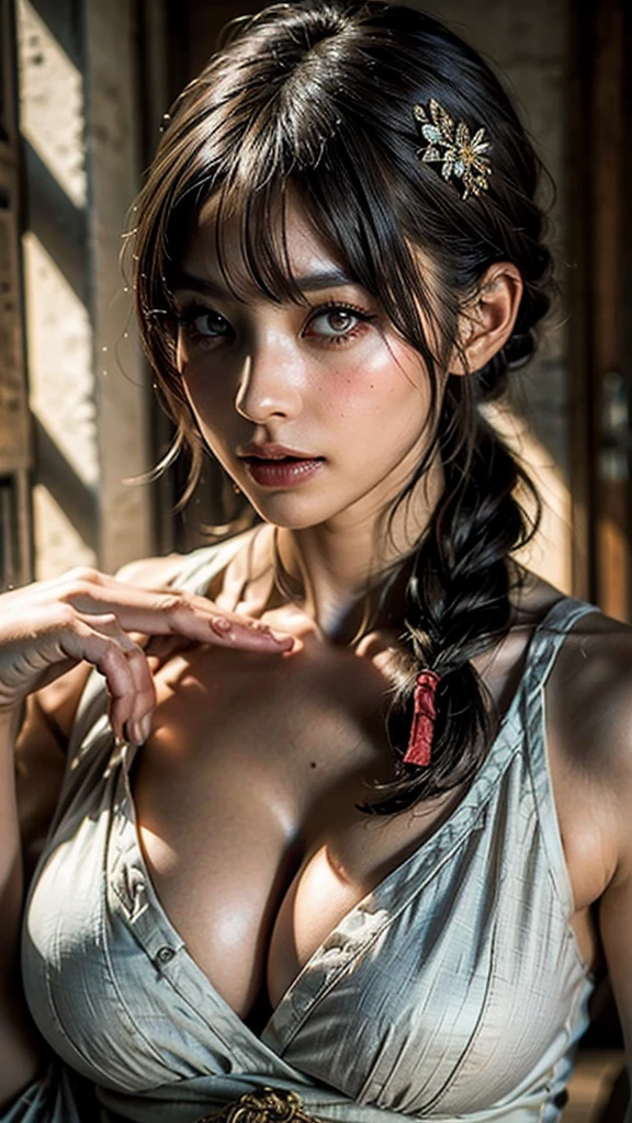 (masterpiece:1.3), (8K, Photorealistic, Raw photo, Best image quality: 1.4), Japanese schoolgirl、(Random Hairstyles:1.2)、Cleavage:1.2、Super detailed face、Attention to detail、double eyelid、Put your chest together、Sharp focus:1.2、Beautiful woman:1.4、Light brown hair、Highest quality、masterpiece、Ultra-high resolution、(Photorealistic:1.4)、, compensate, eye shadow, Thick eyelashes, Fantasy, Looking at the audience, spring ((Natural big breasts:1.2)),((Upper Body))