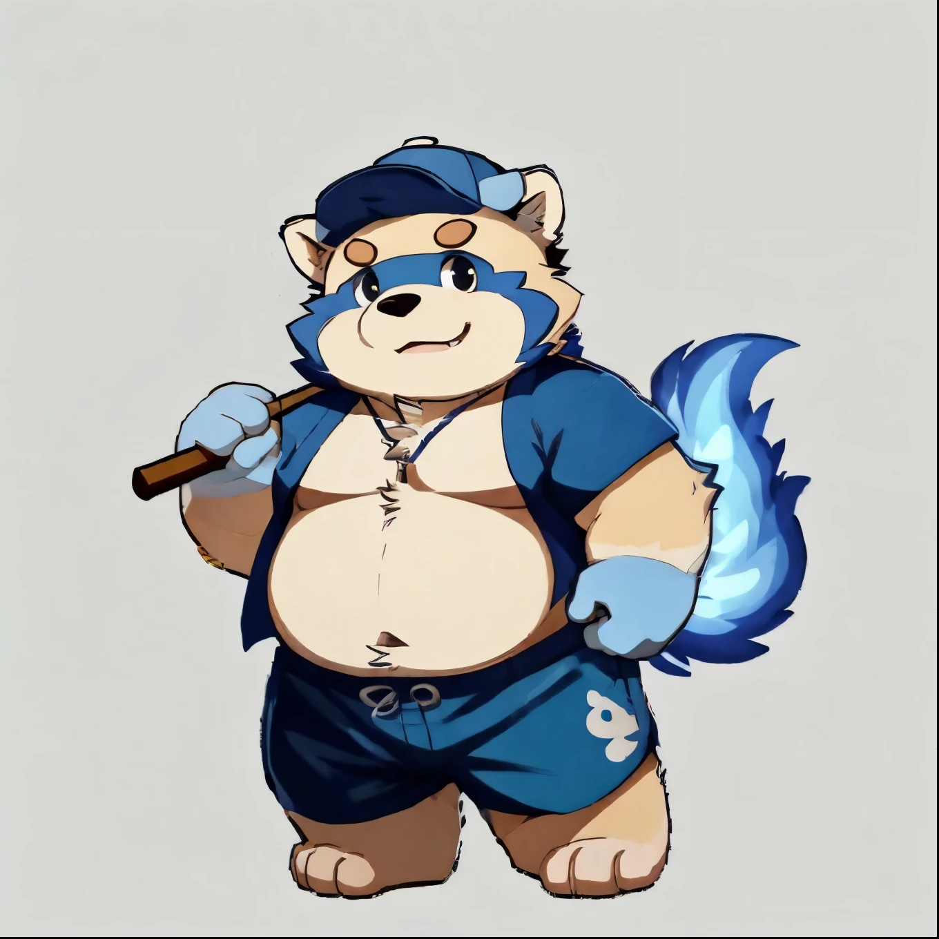 solo, botailang,Cute face, (baseball cap, Wielding Baseball bat) ,(Sideways, sidled), Chubby,(white eyebrows:1.1),(perfect black eyes),Simple background, Blue Background,print style。（Artist:Takemoto Arashi），blue fire above the eyebrows