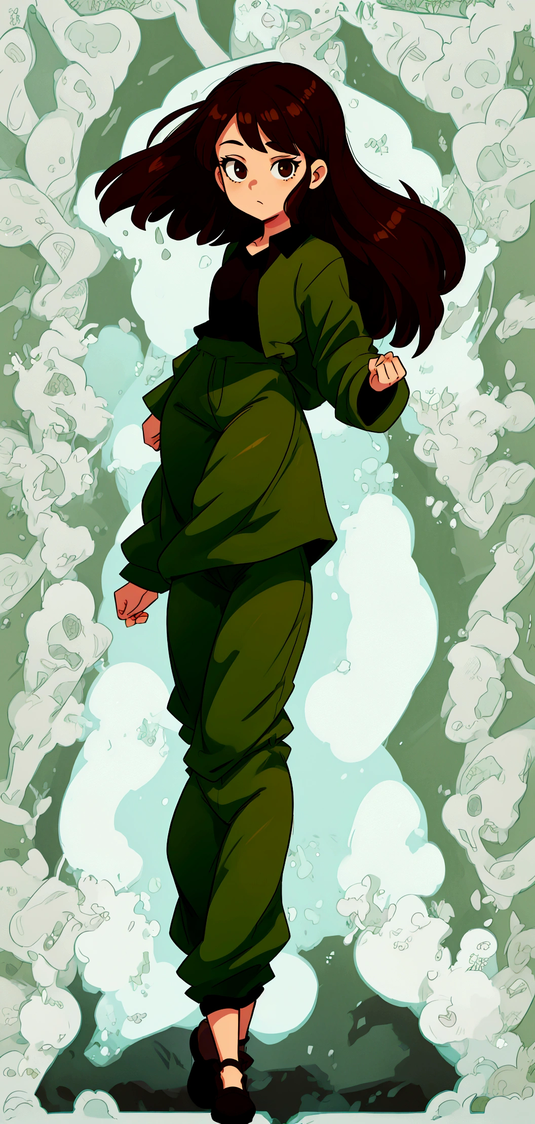 Girl with brown hair, green pants and black shirt, cel shaded!!!, single character full body, Random Pose, full body portrait of a short!, cel shaded:15, !!full-length portrait!!, Anime model in full growth, single character full body, female full body, oc render, Full-length female body,???