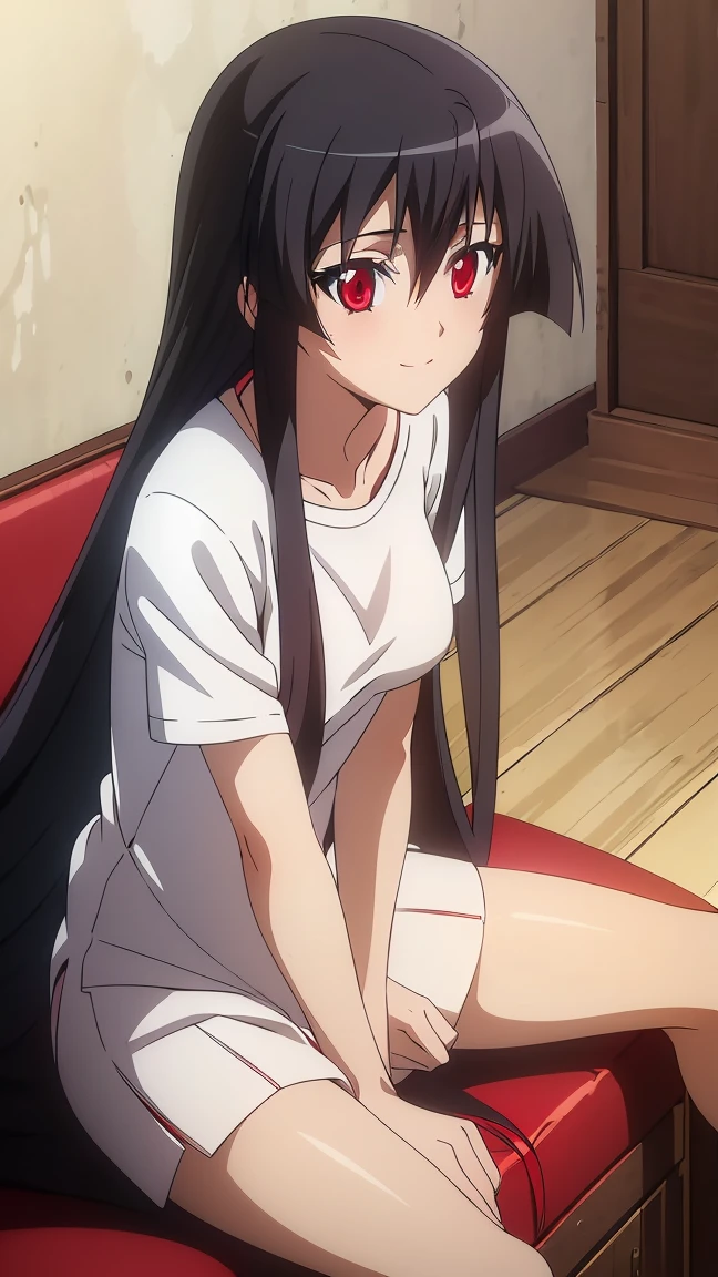 ((Master piece , best quality )),perfect face beautiful red eyes, black hair,(( very long hair )),between eyes hair , blushing ,smile,looking at me, full body, ((1girl,solo)),Akame, ((T-shirt, white shirt , short )),sitting on sofa