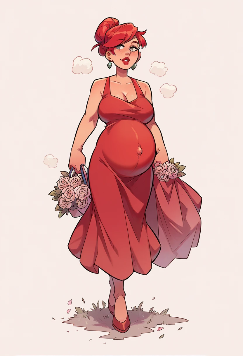 Pregnant woman wearing a red dress, red hair, red lips, walking at a wedding
