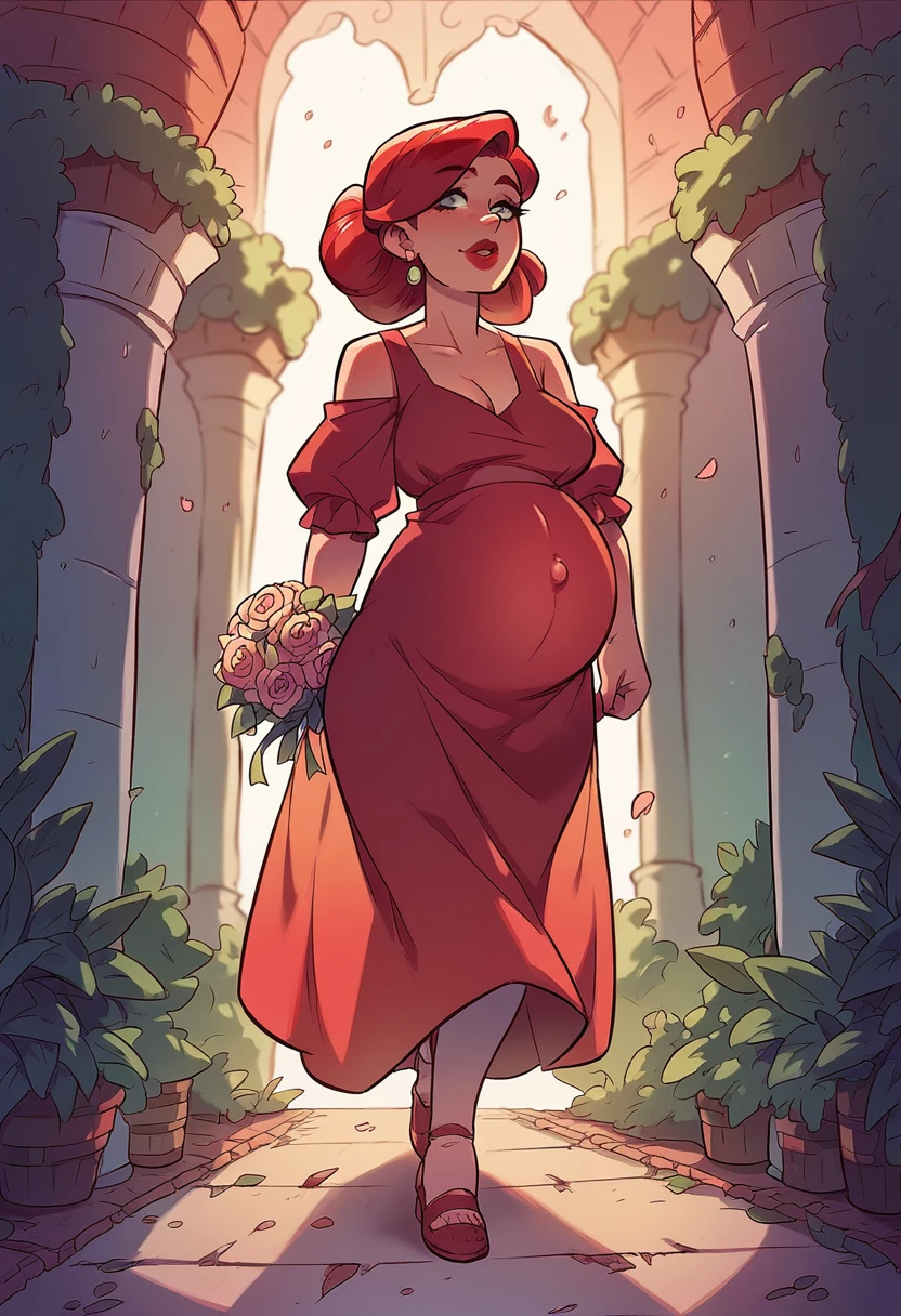 Pregnant woman wearing a red dress, red hair, red lips, walking at a wedding