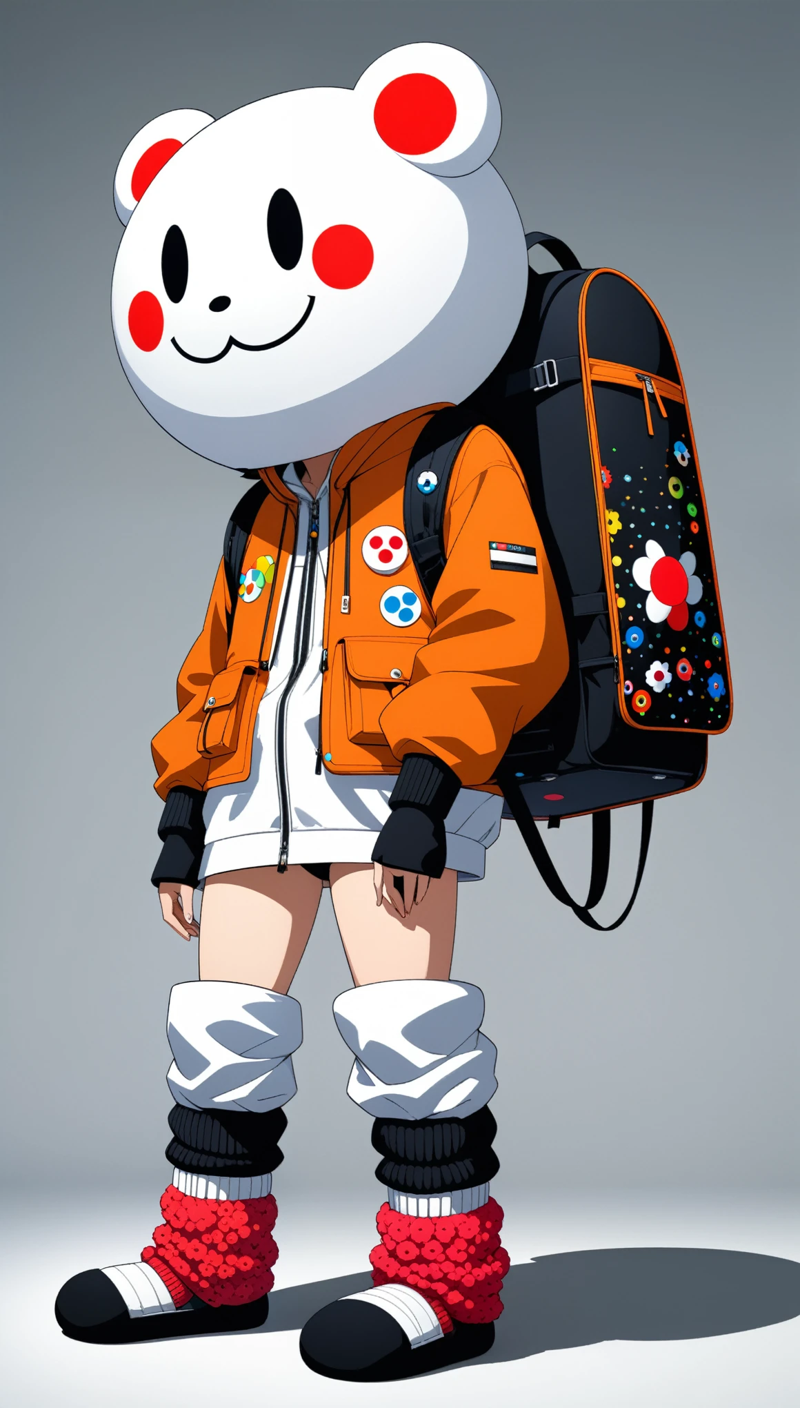 in style of Takashi Murakami, in style of Tatsuo Miyajima，character concept design,big Travel backpack，cap，fullbdoy shot,(((oversize leg warmers))),wide angle, form below,oversize clothes,leaning forward，Sit on the high step