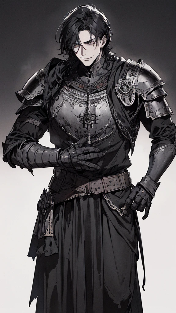 Best quality, (background_detail), high_contrast, detail_original_illustration, warrior, muscular, villain face, armored, full_body, medieval, crease between eyes, young man, man in 20s, dark_stitch_landscape, (dramatic_lighting:1. 25), (shaded_background:1.2), black_hair, (short black hair:) 1.1 ), Large figure, Delicate face, Evil smile, Sharp eyes, Black background, (Black background:1.5), Beautiful line drawing, Black and white