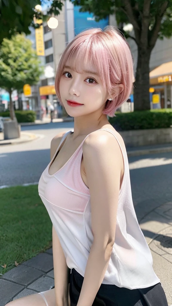 sitting on a park bench、lightly dressed、exposed、thin white shirt、(highest quality,masterpiece:1.3,超A high resolution,),(super detailed,caustics),(Photoreal:1.4,RAW shooting,)ultra-realistic capture,very detailed,High definition 16K for human skin、 Natural skin texture、、Skin looks even-toned and healthy、 Use natural light and color,one woman,Japanese,,cute,pink haired,middle hair,(Depth of the bounds written、chromatic aberration、、wide range of lighting、natural shading、)、(Outdoor lights during daytime:1.4)、(hair swaying in the wind:1)、short hair、Put on your ears、swimsuit