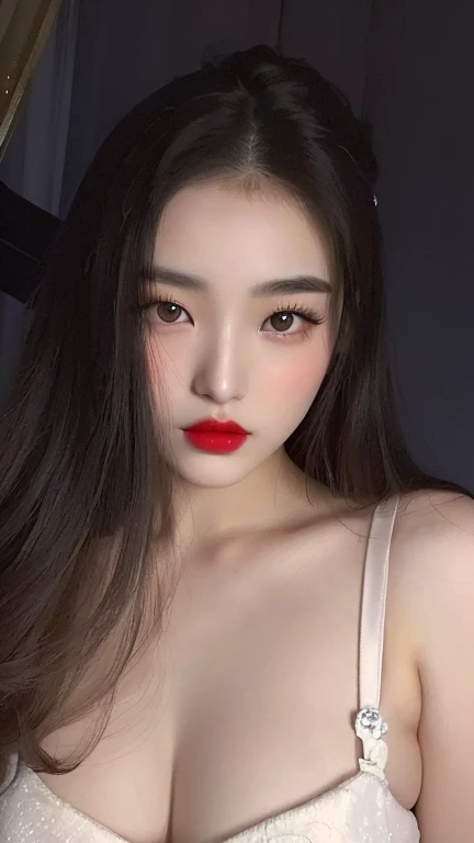 araffed asian woman with long hair and red lipstick posing for a picture, small and thick red lips, faint red lips, young cute wan asian face, korean girl, beautiful asian girl, light-red lips, asian girl, red lips, pale thin lips, 18 years old, dilraba dilmurat, clear lips and high quality, ulzzang