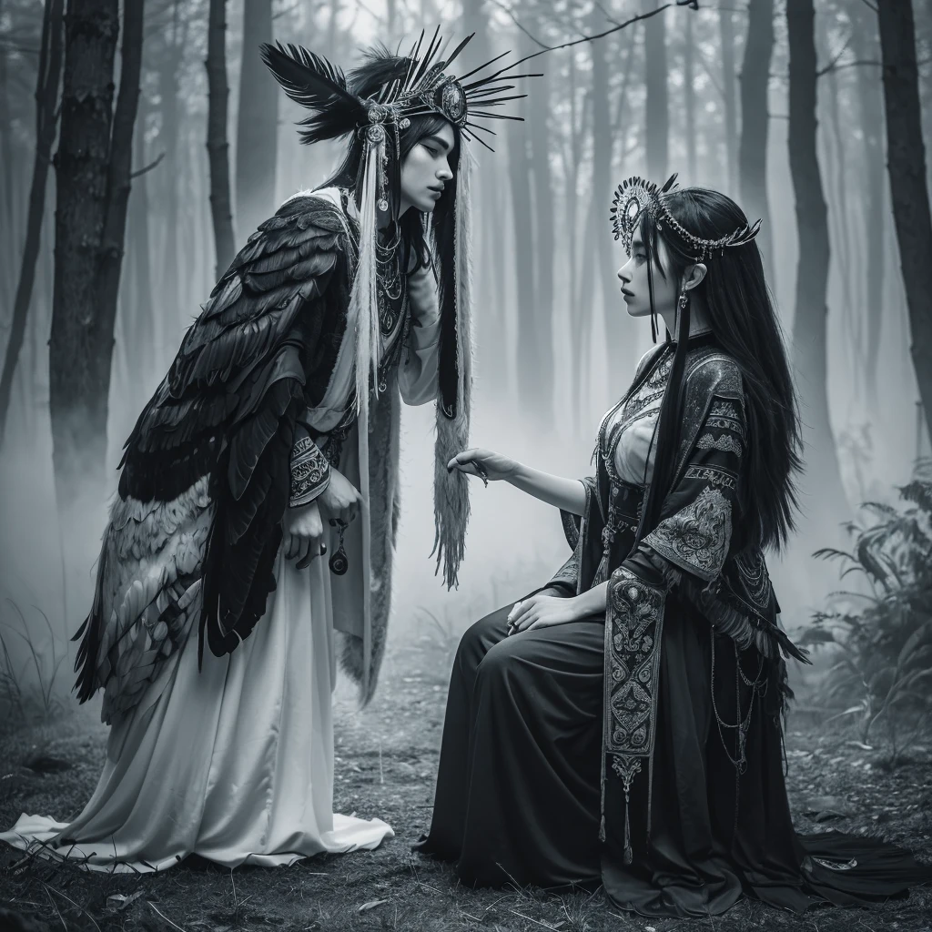 A mystical shaman figure in a misty forest setting, wearing an elaborate headdress made of black and white feathers. The figure is dressed in dark clothing with intricate patterns. They are sitting on the ground, surrounded by tall grass and foggy trees in the background. A border collie dog with black and white fur is resting beside the shaman. The overall atmosphere is ethereal and mysterious, with a muted color palette dominated by greys, blacks, and whites. The lighting is soft and diffused, creating a dreamlike quality to the scene.