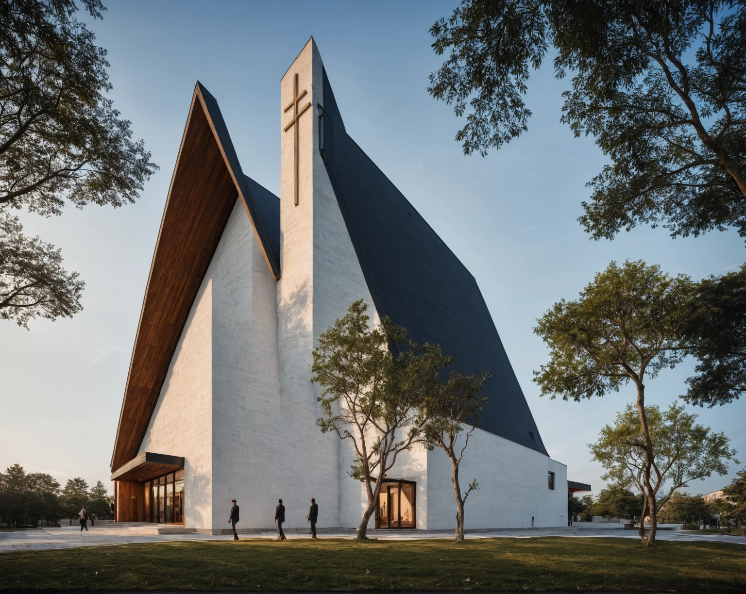 raw photo, best quality, ultra realistic, masterpiece, best quality skin, photography hd, dslr,
tcs, httlvn, modern church, road, people, house, facade design, outdoors, church, white walls, cross on top, 
Dusk, sunshine, 
View from a tree, dof view, 