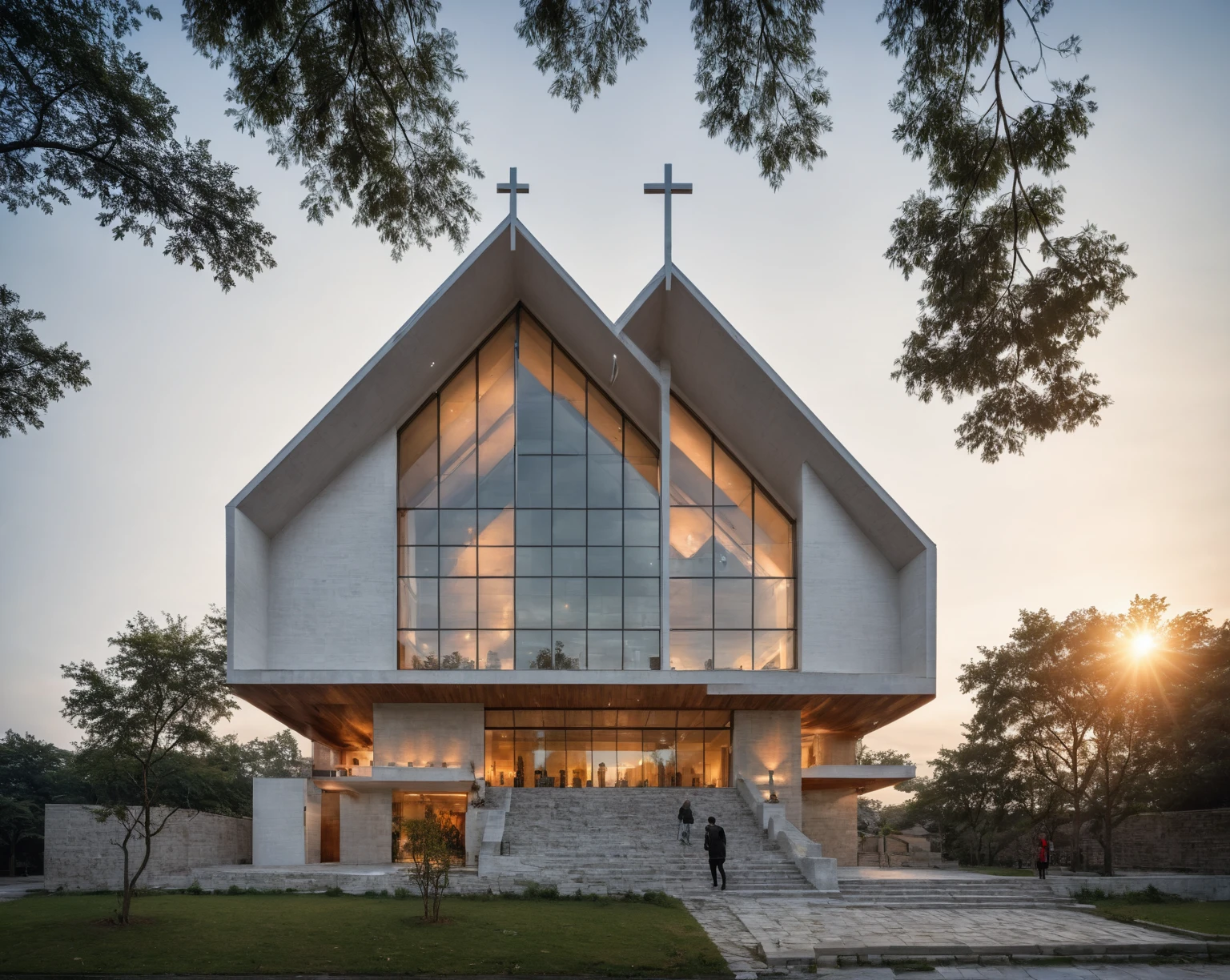 raw photo, best quality, ultra realistic, masterpiece, best quality skin, photography hd, dslr,
tcs, httlvn, modern church, road, people, house, facade design, outdoors, church, white walls, cross on top, 
Dusk, sunshine, 
View from a tree, dof view, 