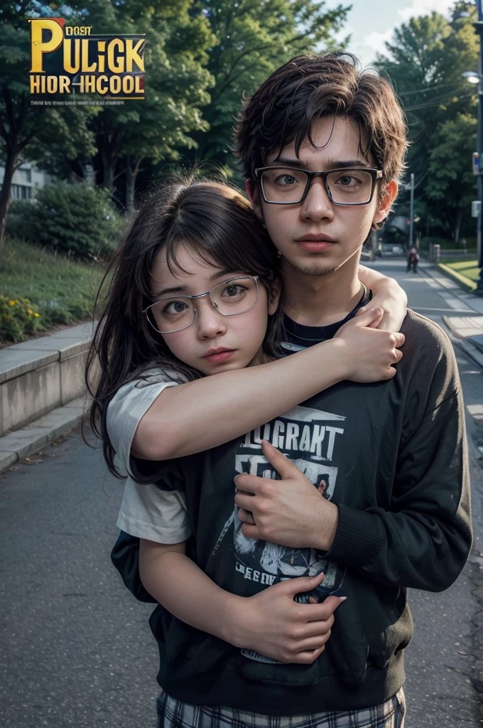 masterpiece in 8k, funny movie poster, boy genre, idiot boy wearing glasses hugs a girl, in the background of a park school building,A road bridge, in front of the movie title"kutu buku