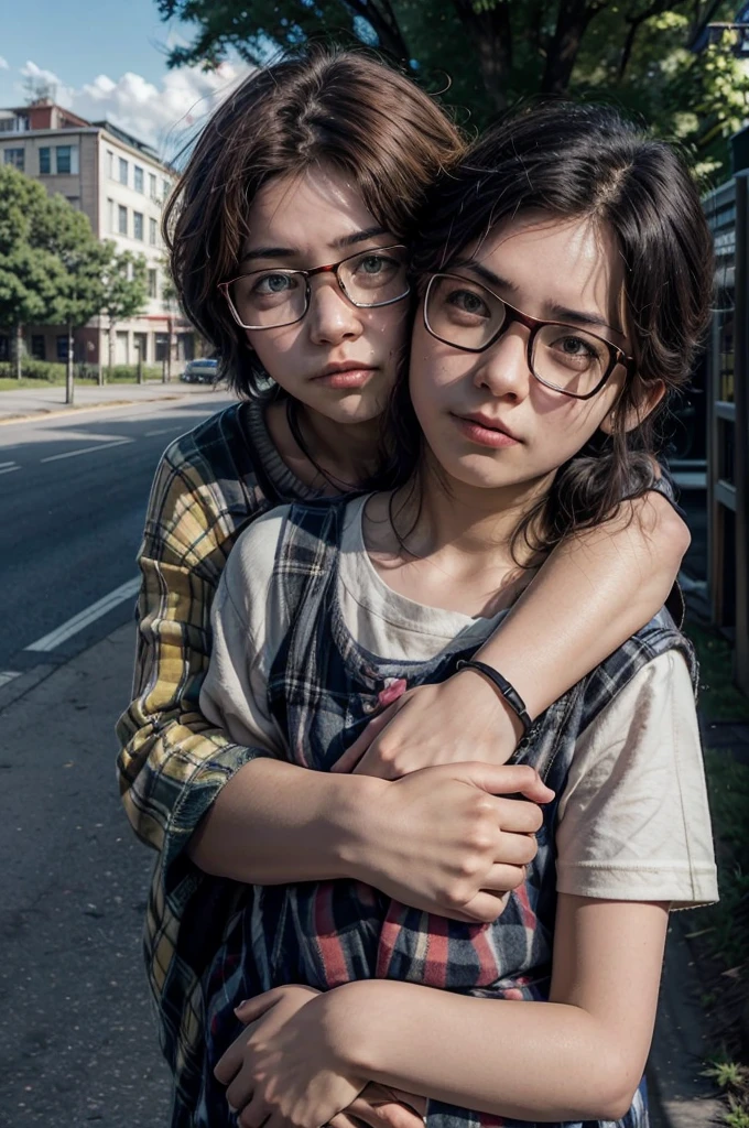 masterpiece in 8k, funny movie poster, schoolboy genre, idiot boy wearing glasses hugs a girl, in the background of a park school building,A road bridge, in front of the movie title"kutu buku