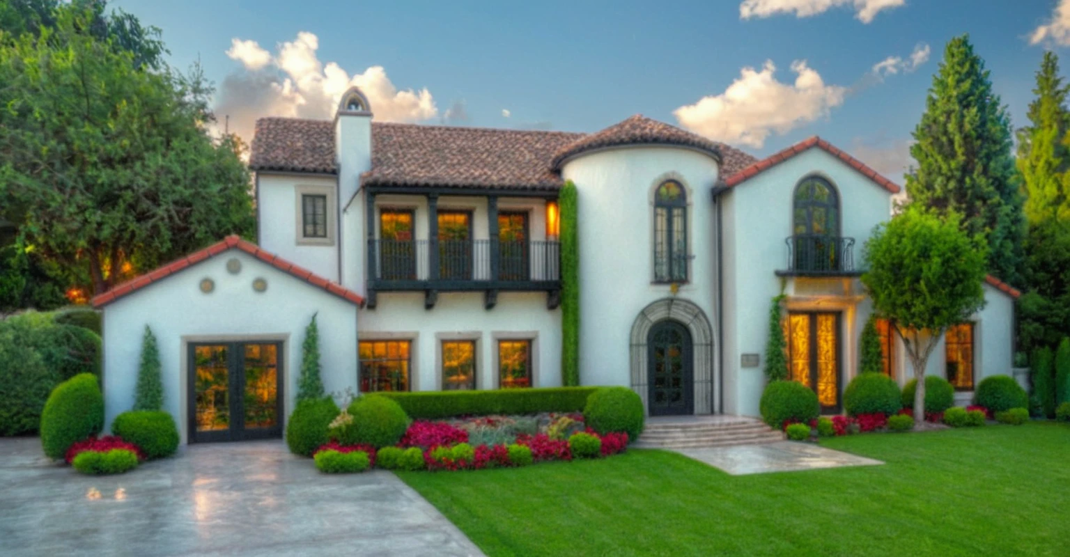 (RAW photo, masterpiece, best quality,ultra-detailed, extremely delicate and beautiful, highresolution, best shadow:1.1), A Mediterranean Italian style home with white stucco walls, black accents and windows, large front yard, vivid color, (curve wall), beautiful shrubs and flower, tropical tree and plants, professional photography in the style of an Italian classic home.