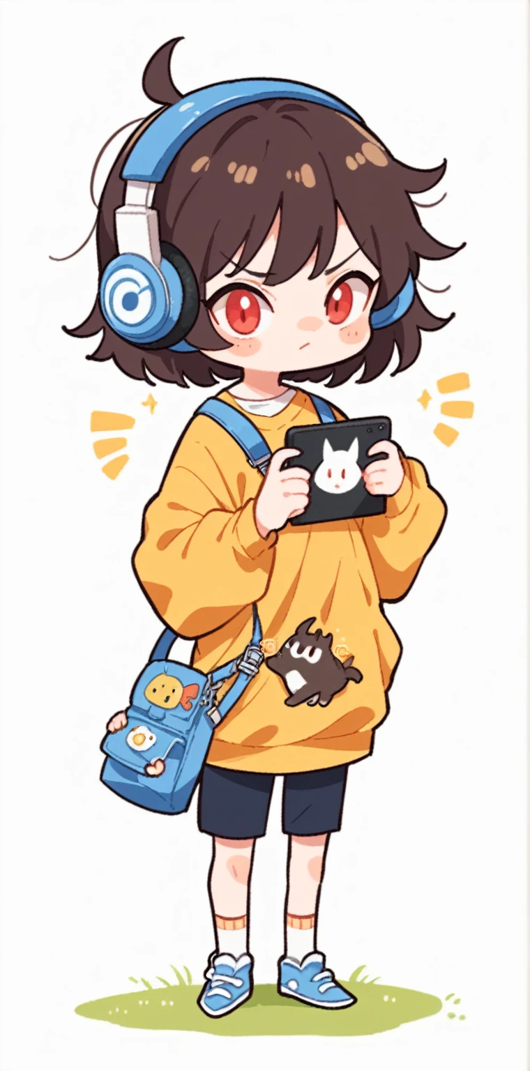 cartoon girl with headphones and a tablet pointing at something, full body!, in an anime style, full_body!!, ????? anime style, with headphones, with head phones, chibi style, cel shaded!!!, unknown artstyle, thicc, jaidenanimations, chibi, anime moe artstyle, holding a pudica pose