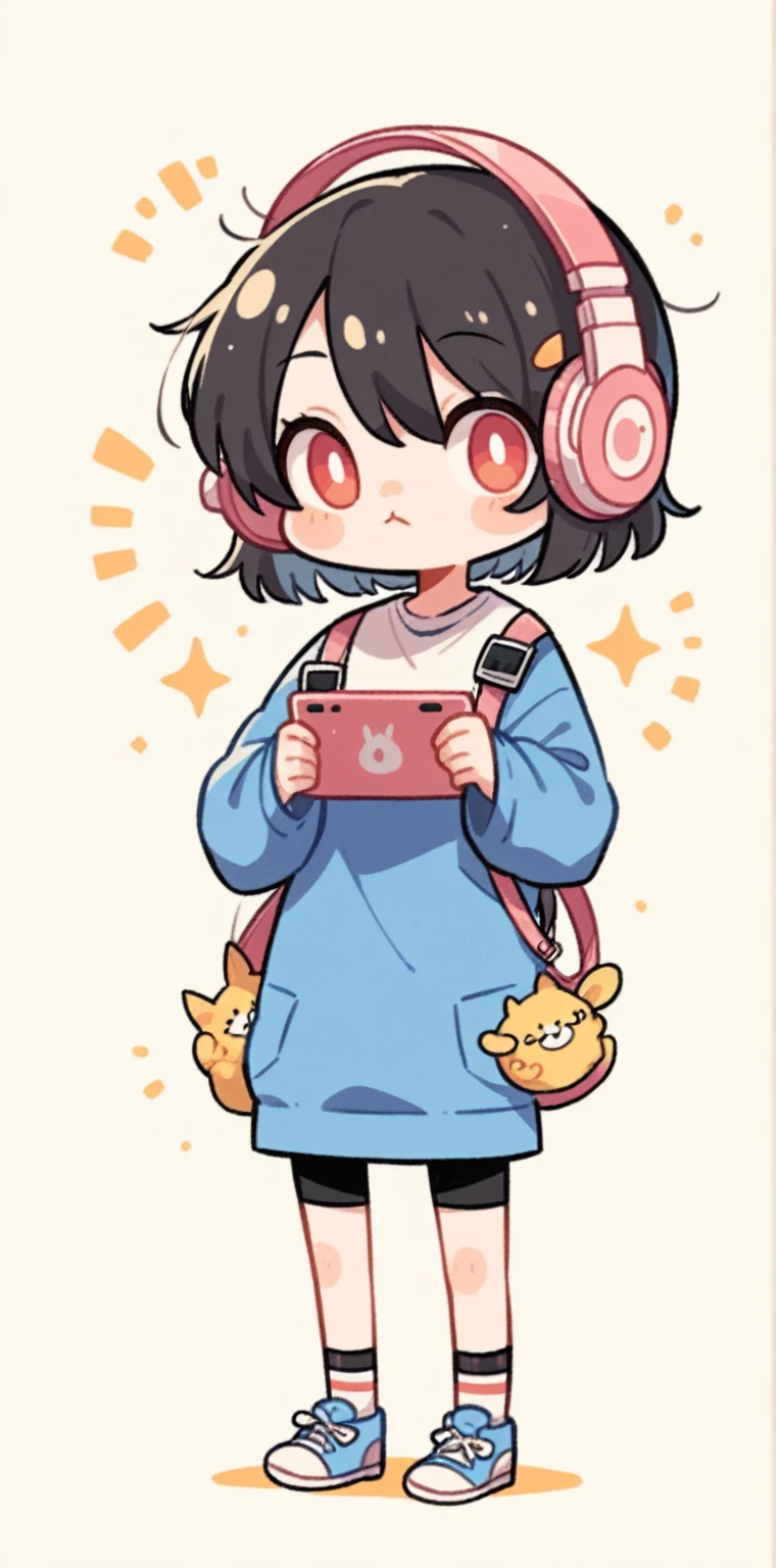 cartoon girl with headphones and a tablet pointing at something, full body!, in an anime style, full_body!!, ecchi anime style, with headphones, with head phones, chibi style, cel shaded!!!, unknown artstyle, thicc, jaidenanimations, chibi, anime moe artstyle, holding a pudica pose