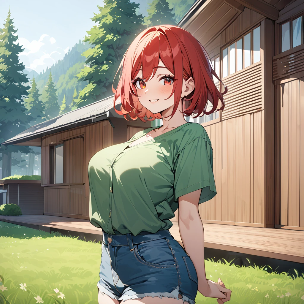 A woman wearing a casual green shirt, denim shorts, red auburn hair, short hair, red eyes, outside of a modern house, house with luxury wooden wall, lawn outside, daytime location, some forest, smiling , big breasts, standing posture, high quality, best quality, 8k, high resolution, bokeh effect. ( solo woman),