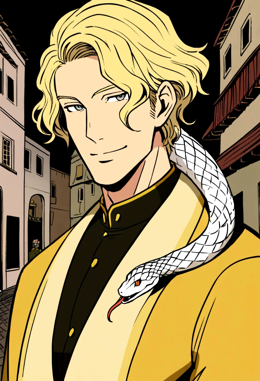 "1snake, background: in dark street, long blonde hair, smile, 30s, mature, handsome, wear gla, Styles: WizardLM-2 8x22B style, Claude style, perfect art"