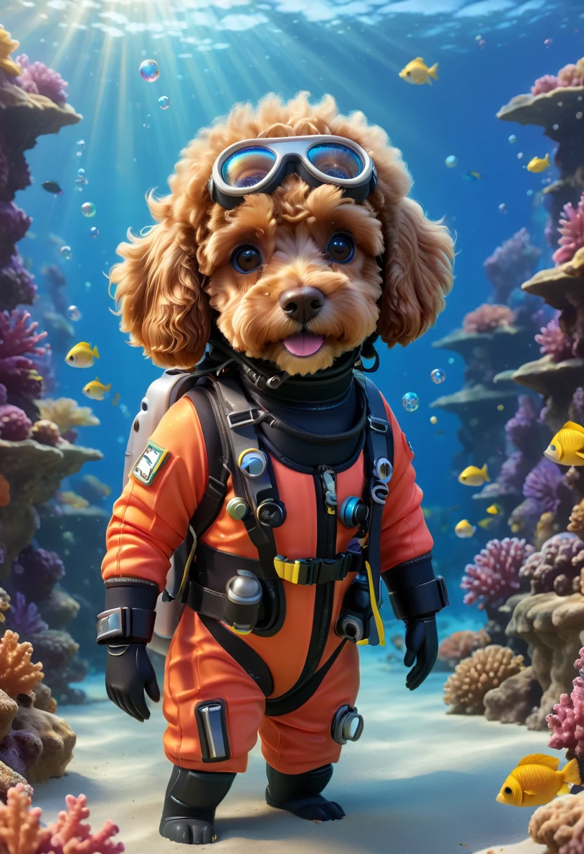 A cute brown Cavapoodle with fluffy fur wearing a small, colorful scuba diving suit and a tiny diving mask, swimming gracefully underwater with vibrant coral reefs and exotic fish around. The scene is serene and magical, with bubbles and light rays penetrating through the water. Adorable Digital Painting, 3D rendered, bright lighting, vibrant colors, underwater wonderland.