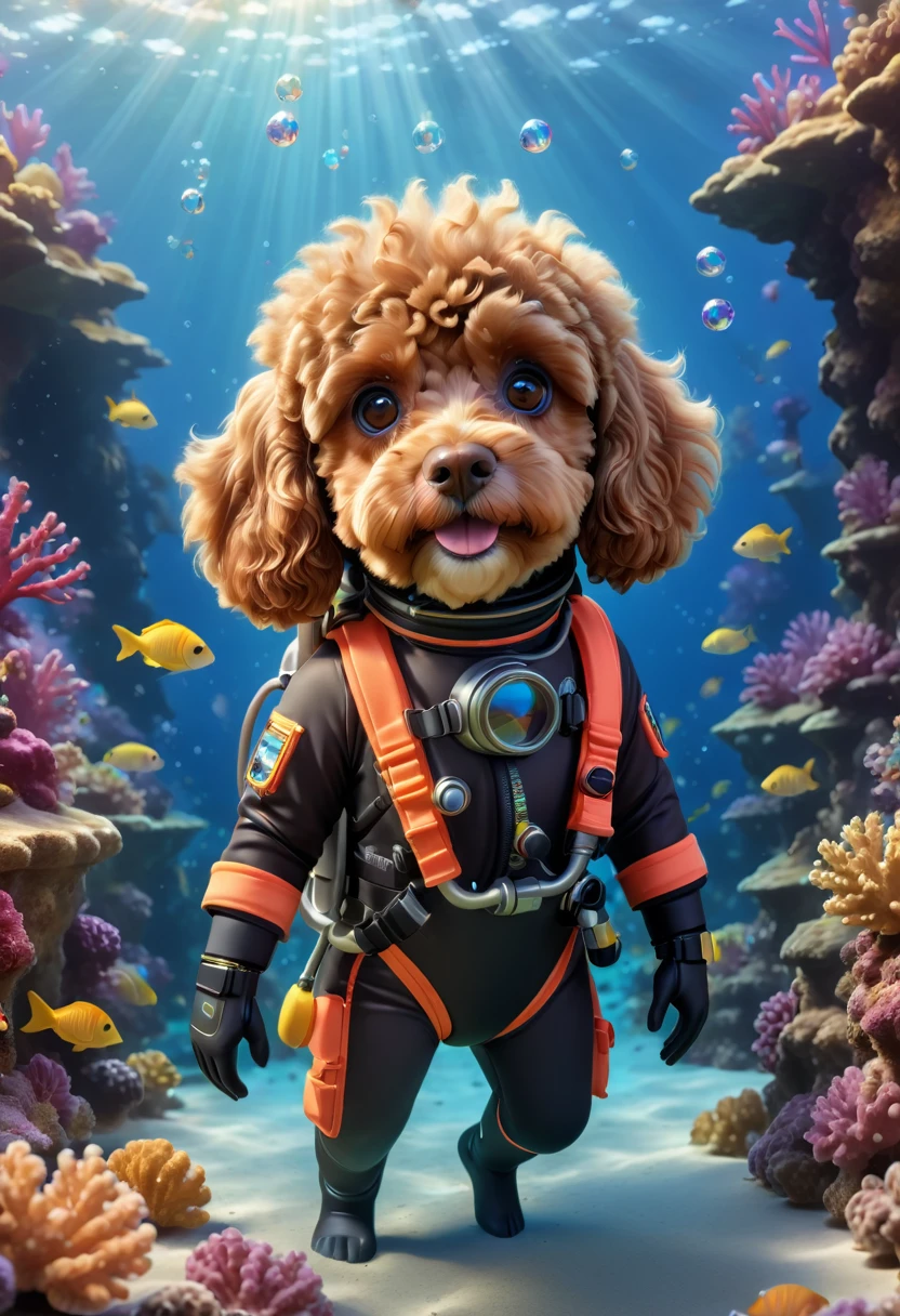 A cute brown Cavapoodle with fluffy fur wearing a small, colorful scuba diving suit and a tiny diving mask, swimming gracefully underwater with vibrant coral reefs and exotic fish around. The scene is serene and magical, with bubbles and light rays penetrating through the water. Adorable Digital Painting, 3D rendered, bright lighting, vibrant colors, underwater wonderland.