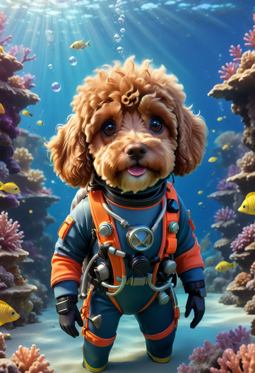 A cute brown Cavapoodle with fluffy fur wearing a small, colorful scuba diving suit and a tiny diving mask, swimming gracefully underwater with vibrant coral reefs and exotic fish around. The scene is serene and magical, with bubbles and light rays penetrating through the water. Adorable Digital Painting, 3D rendered, bright lighting, vibrant colors, underwater wonderland.