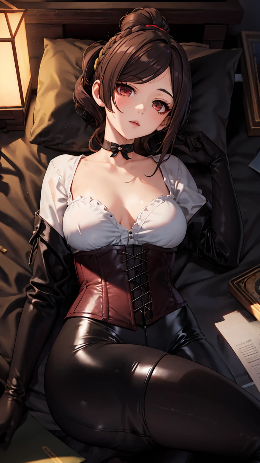 1 girl, Chiori \(genshin impact\), Alone, lying face down, perfect ass, View from above, choker:1.6, White long sleeve shirt with long sleeve collar, black leather corset, black gloves that cover your hands, shiny black leggings, inside, depth of field, expressionless, at night