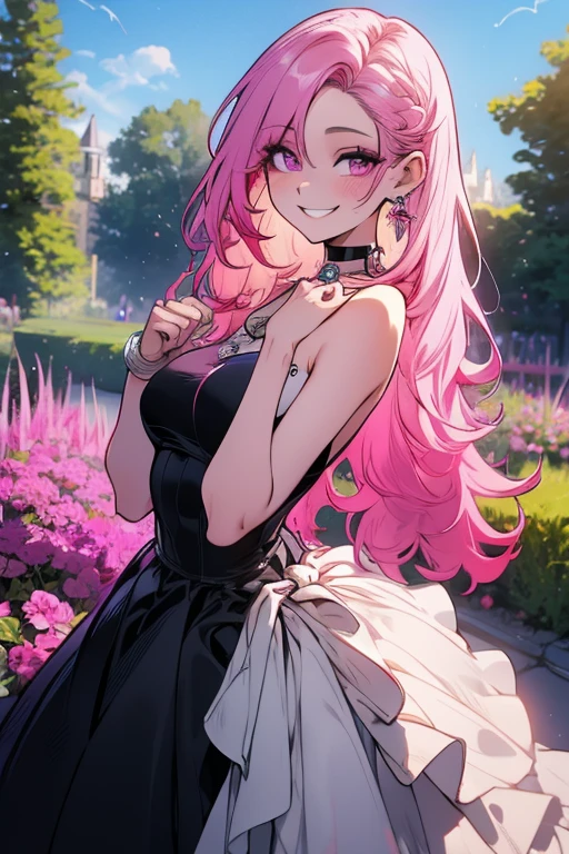 perfect face, perfect hands. A pink haired woman with violet eyes and an hourglass figure in a leather ballgown is smiling in the garden