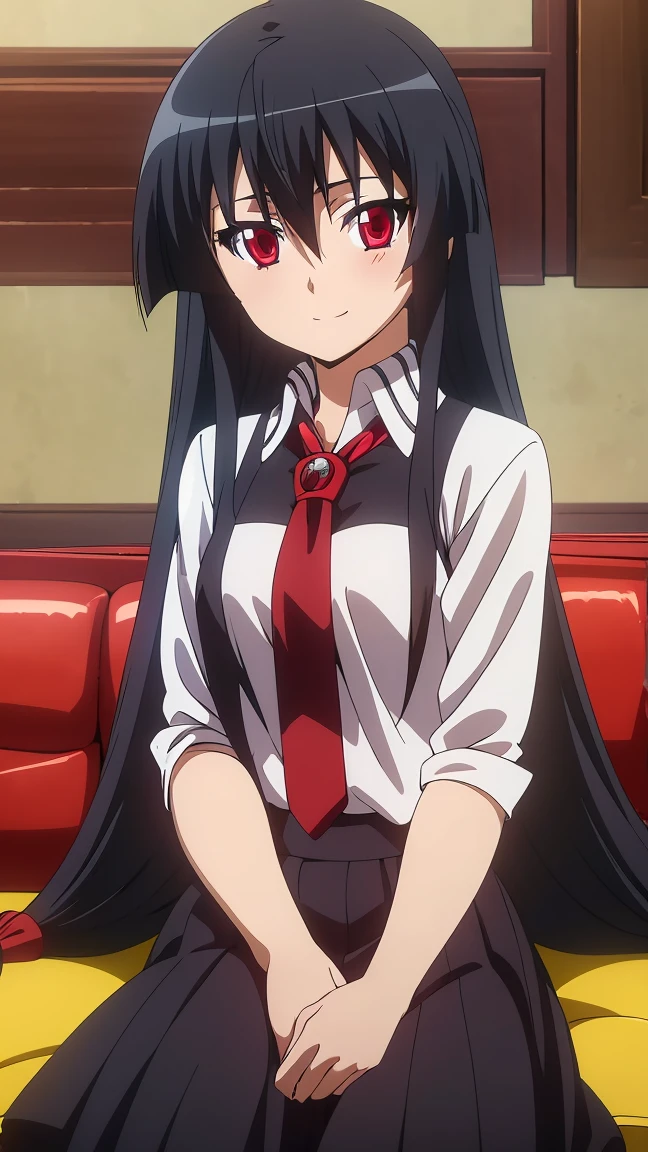 ((Master piece , best quality )),perfect face beautiful red eyes, black hair,(( very long hair )),between eyes hair , blushing ,smile,looking at me, full body, ((1girl,solo)),Akame, ((white shirt , short )),sitting on sofa