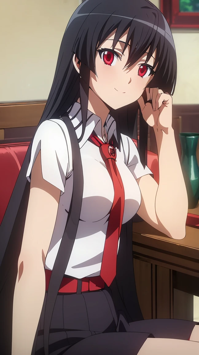 ((Master piece , best quality )),perfect face beautiful red eyes, black hair,(( very long hair )),between eyes hair , blushing ,smile,looking at me, full body, ((1girl,solo)),Akame, ((white shirt , short )),sitting on sofa