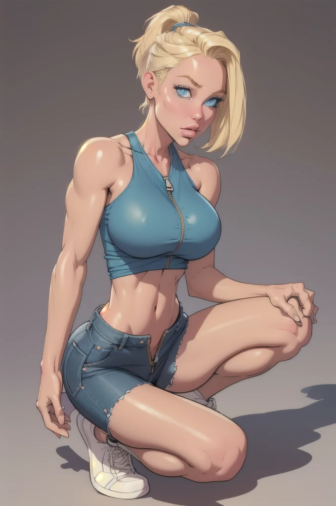 Young female, short blonde hair, big blue eyes, rosy cheeks, wearing a tight blue tank top, with a breasted neckline, with her belly exposed, wearing short denim shorts with an open zipper Crouching