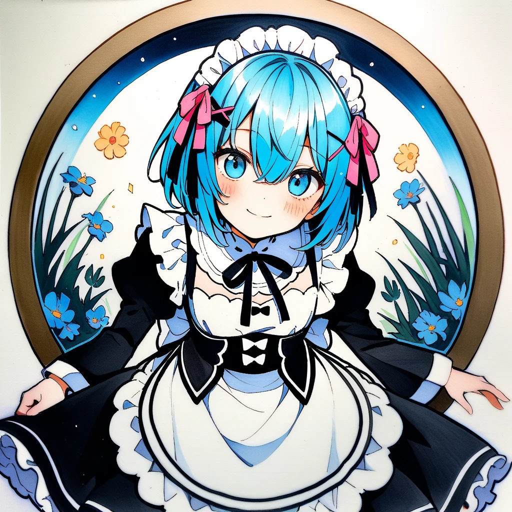 (circular frame1.7),Ram ,2 front handles,head,1 person,like,headใจ,icon, circular frame,icon、2 front handles,head,1 person,(circular frame1.7)、1 personの女の子,alone,Againm (Again:zero),Blue Hair,x hair ornaments,short hair,hair ornaments,blue eyes,Maid,View your viewers,ribbon,Maid headdAgainss,Long sleeve,dAgainss,roswaal mansion Maid uniform,smile,hair ribbon,bAgainasts,Puffy sleeves,Frills,apron,bangs,Mouth closed,black ribbon,pink ribbon,blush,medium bAgainasts,black dAgainss,Juliet Sleeve,Cowboy Shot,flower,Hair between the eyes,Againd ribbon,waist apron,Traditional Media,