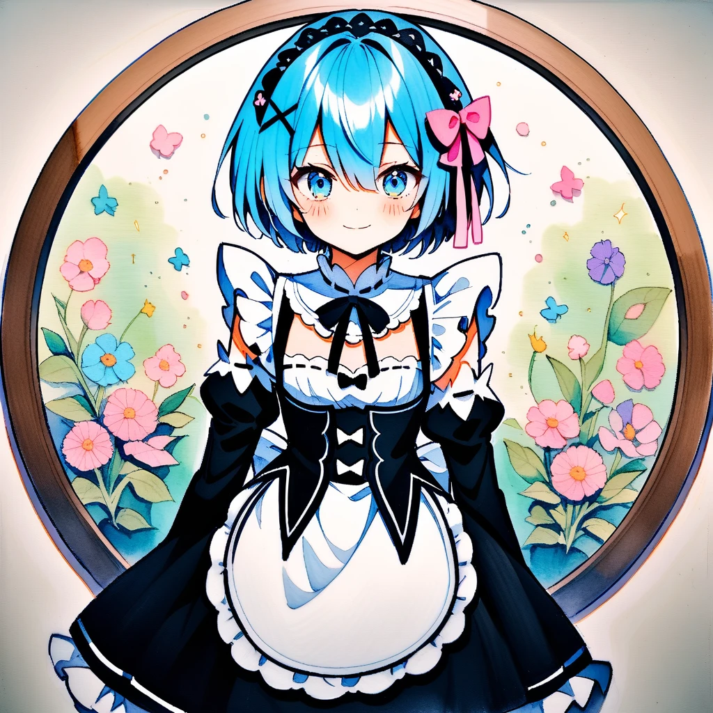 (circular frame1.7),Ram ,2 front handles,head,1 person,like,headใจ,icon, circular frame,icon、2 front handles,head,1 person,(circular frame1.7)、1 personの女の子,alone,Againm (Again:zero),Blue Hair,x hair ornaments,short hair,hair ornaments,blue eyes,Maid,View your viewers,ribbon,Maid headdAgainss,Long sleeve,dAgainss,roswaal mansion Maid uniform,smile,hair ribbon,bAgainasts,Puffy sleeves,Frills,apron,bangs,Mouth closed,black ribbon,pink ribbon,blush,medium bAgainasts,black dAgainss,Juliet Sleeve,Cowboy Shot,flower,Hair between the eyes,Againd ribbon,waist apron,Traditional Media,