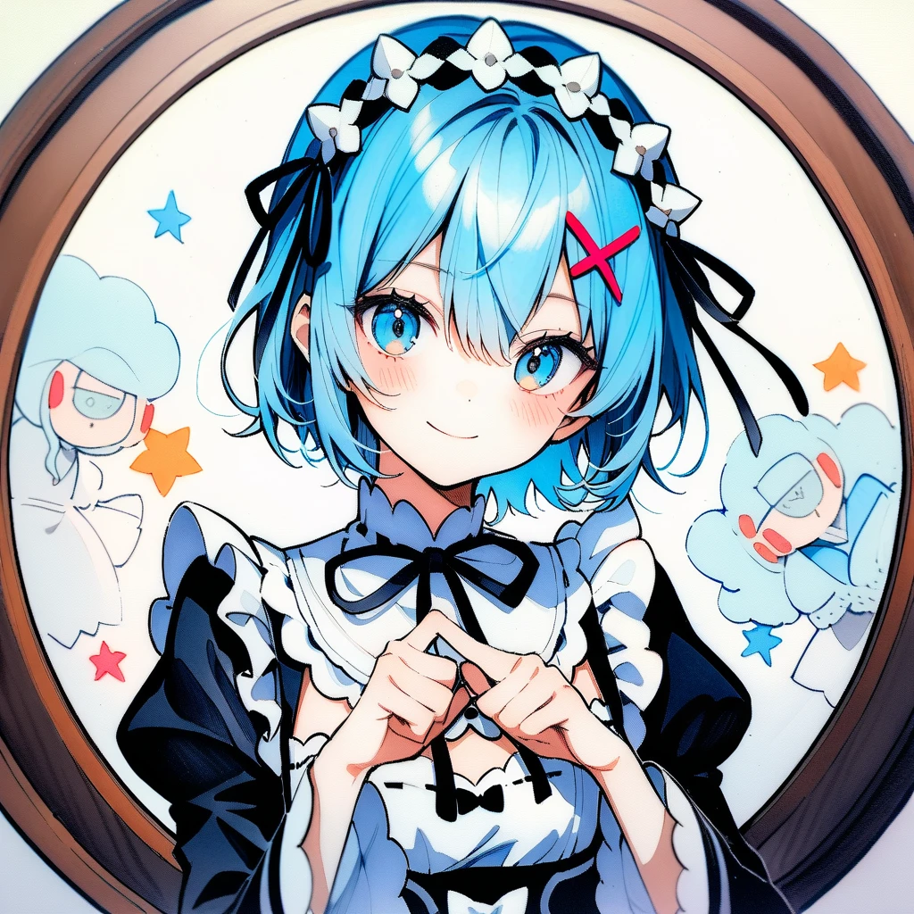 (circular frame1.7),Ram ,2 front handles,head,1 person,like,headใจ,icon, circular frame,icon、2 front handles,head,1 person,(circular frame1.7)、1 personの女の子,alone,Againm (Again:zero),Blue Hair,x hair ornaments,short hair,hair ornaments,blue eyes,Maid,View your viewers,ribbon,Maid headdAgainss,Long sleeve,dAgainss,roswaal mansion Maid uniform,smile,hair ribbon,bAgainasts,Puffy sleeves,Frills,apron,bangs,Mouth closed,black ribbon,pink ribbon,blush,medium bAgainasts,black dAgainss,Juliet Sleeve,Cowboy Shot,flower,Hair between the eyes,Againd ribbon,waist apron,Traditional Media,