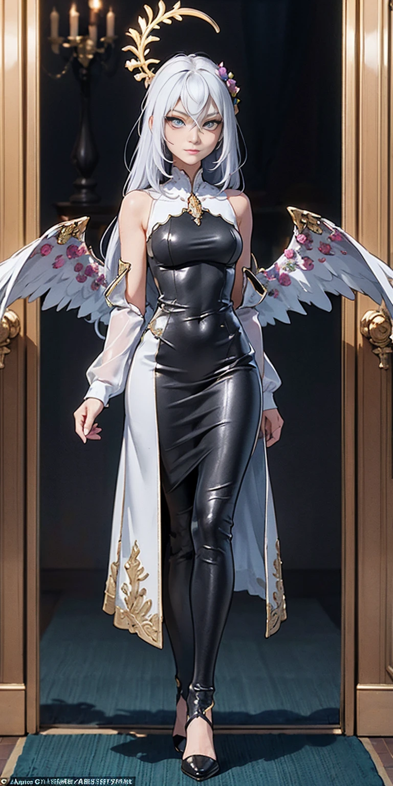 Setting: Royal bedroom - Grand, opulent, with rich fabrics and tapestries Character: Appearance: White hair - Short, styled in a sharp bob Full figure - Curvaceous Attire: High boots - Leather, reaching up the calves Elegant outfit - Befitting the royal setting (consider a dress, gown, or ensemble) Red tattoo - Delicate design on the navel Face - A confident smirk plays on her lips, eyes sparkling with amusement Pose: Full body - Standing tall Hands - Resting on hips in a commanding posture Additional details: (add to the background a four-poster bed, a plush rug, ornate furniture)