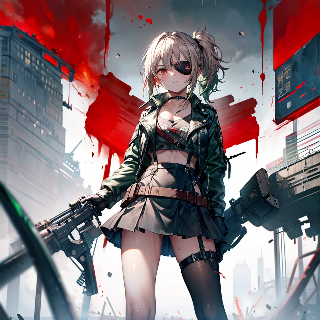 ((Highest quality)), ((masterpiece)), ((detailed)), (4K), 1girl, 独奏, red eye, middle hair, messy hair, green hair, side ponytail, (eyepatch), crop top, leather jacket, large breasts, Torn miniskirt, suspender skirt, torn pantyhose, choker, bracelet, (rain), (wet), gloves, see through, (expressionless), scowl, (from below), (looking down), looking at viewer, (open legs), wasteland, town, blurry background