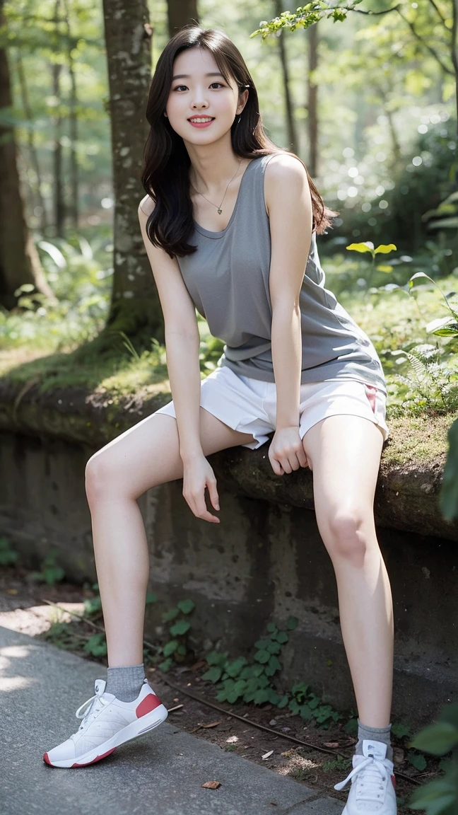 masterpiece, best quality, Surreal, Ultra Detailed, 8k resolution, RAW photos, Clear focus, (A girl in the forest), ((light gray shirt:1.1)), sleeveless, sports Shorts,Full body posture, Solitary, Perfect body, Become a, 32 inches in the chest,(a charming smile:1), (sexy pose),26 years old, light,White shoes